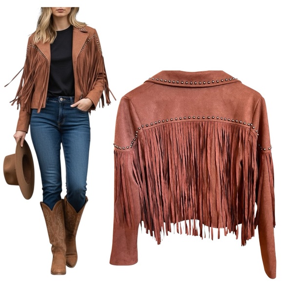 NEW Blue b Caramel Brown Faux Suede Allover Fringe Silver Studded Western Jacket - Picture 1 of 5